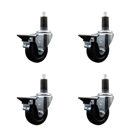 Service Caster 3.5'' Soft Rubber Swivel 1-1/4'' Expanding Stem Caster Set with Brake, 4PK SCC-EX20S3514-SRS-PLB-114-4